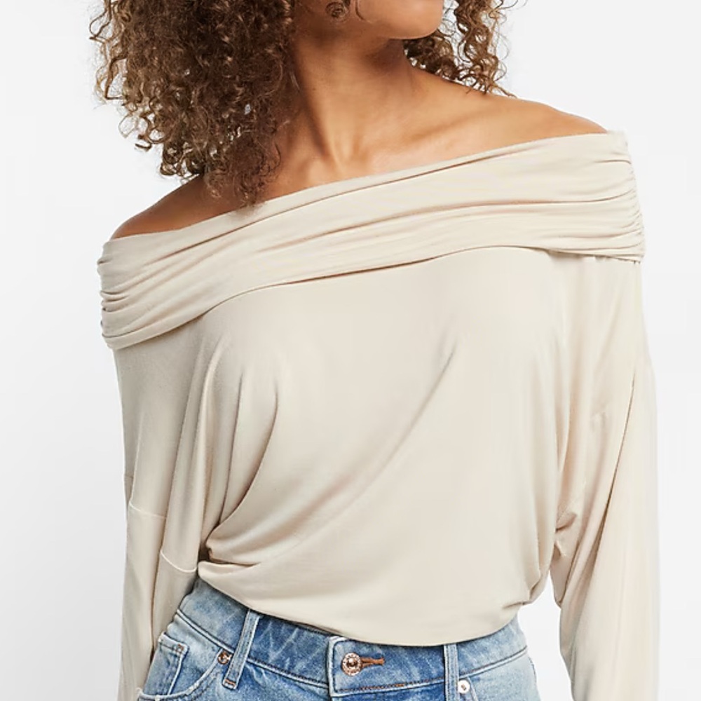 Express Off The Shoulder Dolman Sleeve Ruched Overlay Top Sand M